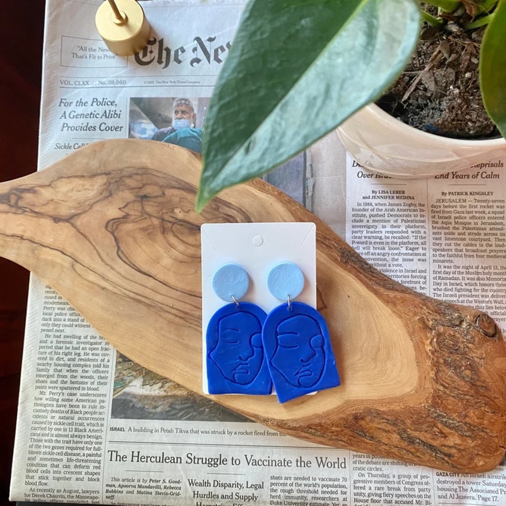 Handmade Clay Earrings | Face Outline Statue | Two Shades of Blue | Push Backs